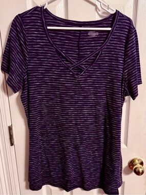 Lane Bryant Purple Striped Crisscross V-Neck Top